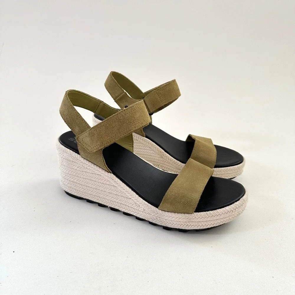 Sorel Cameron Wedge Sandals Womens Size 9.5 Olive Green Espadrille Shoes Suede